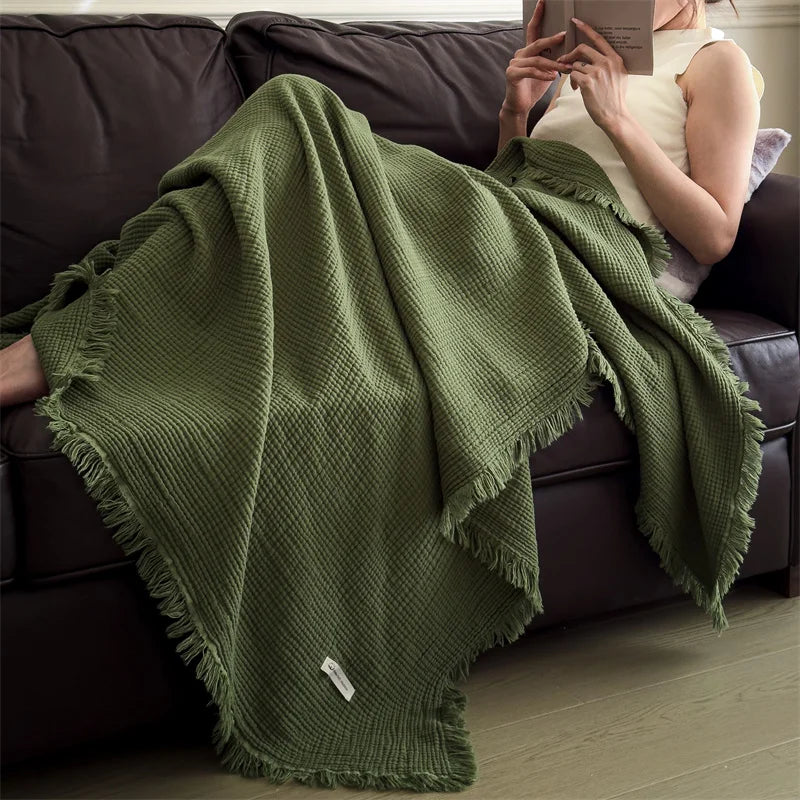Plaid Vert – 100 % Coton 4 Épaisseurs à Franges - vue 1 | Aolina