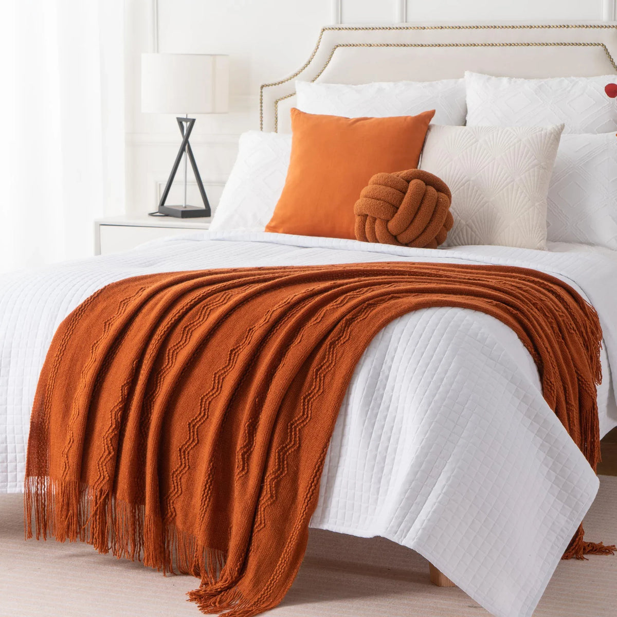 Plaid Terracotta – Tricoté à Motifs en Relief & Franges - vue 2 | Aolina