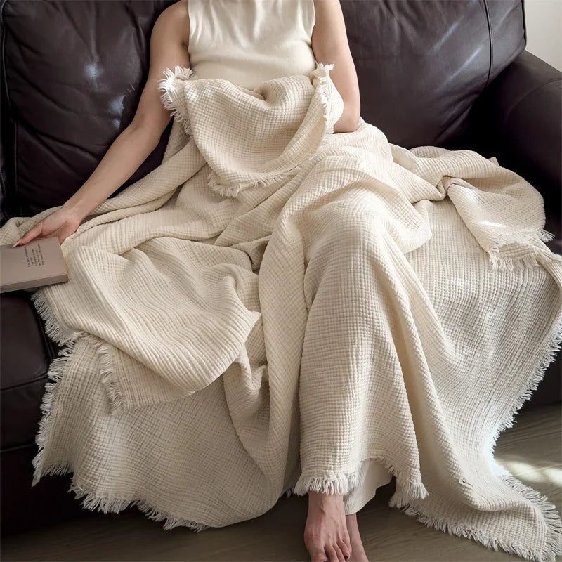 Plaid Beige – 100 % Coton 4 Épaisseurs à Franges - vue 3 | Aolina