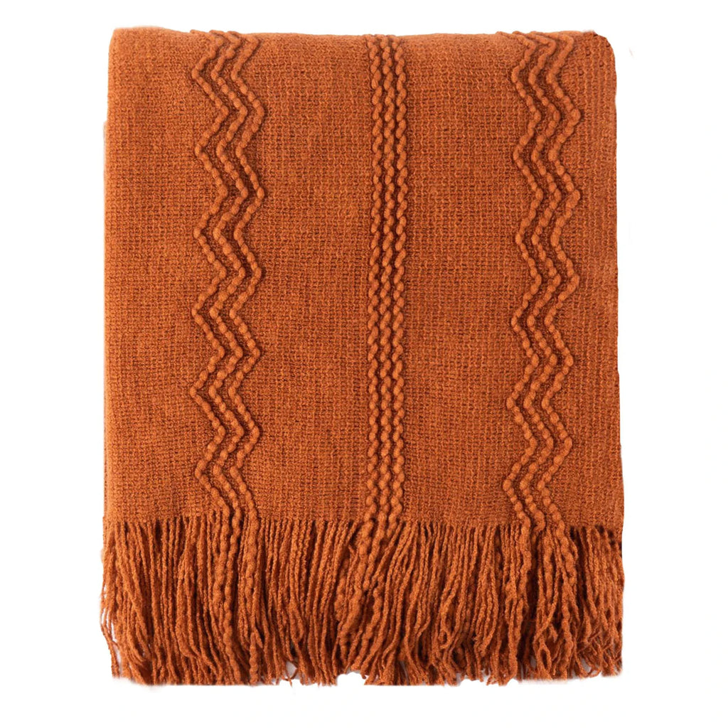 Plaid Terracotta – Tricoté à Motifs en Relief & Franges - vue 5 | Aolina