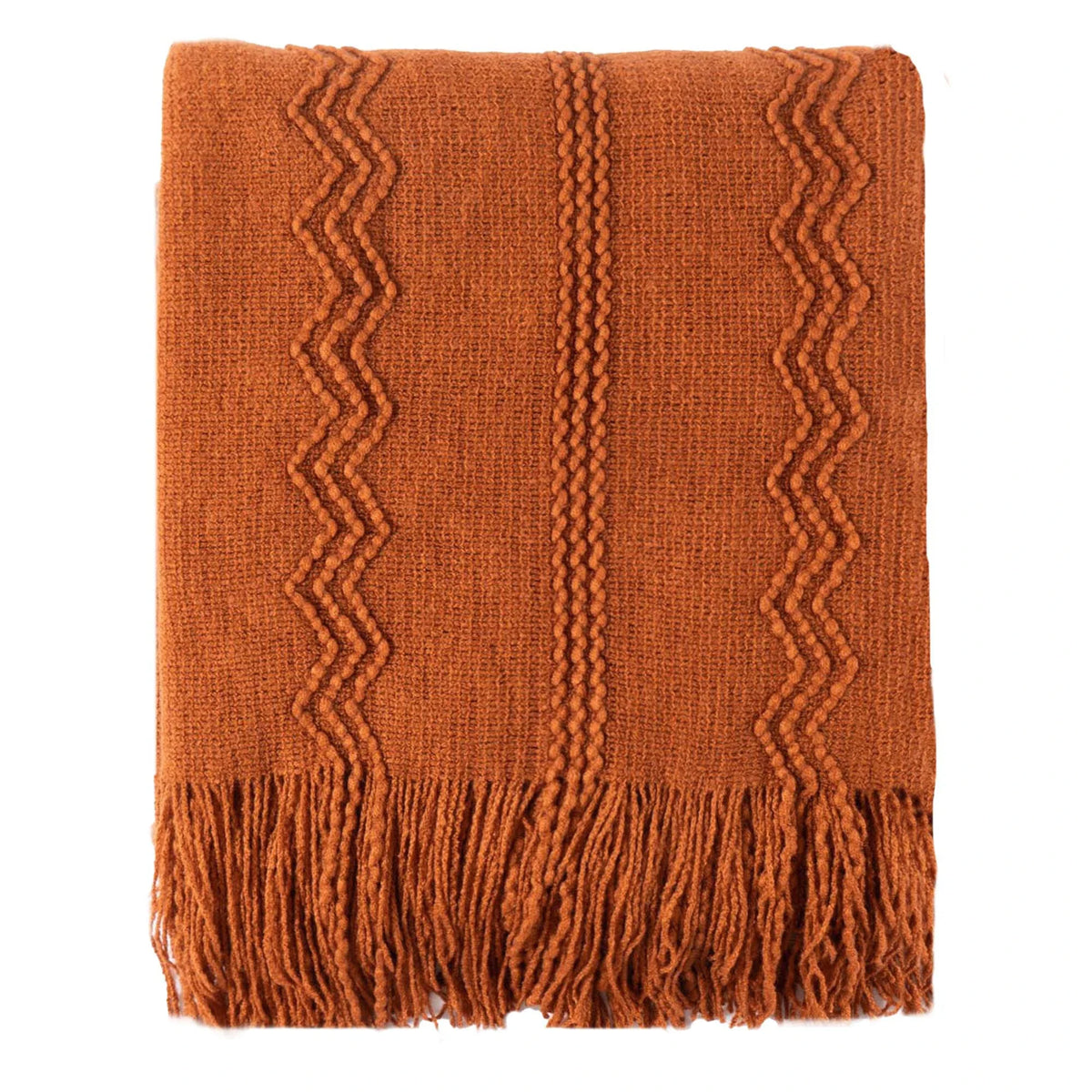 Plaid Terracotta – Tricoté à Motifs en Relief & Franges - vue 5 | Aolina