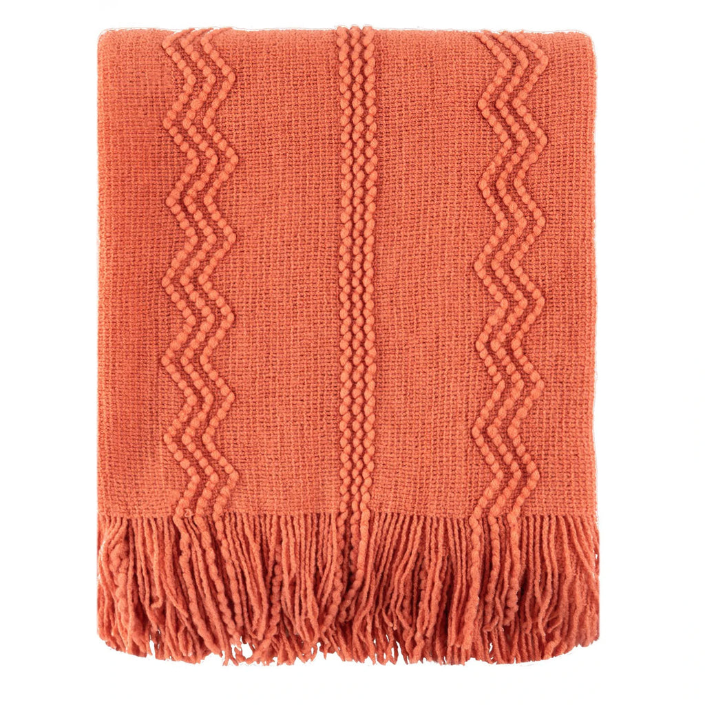 Plaid Orange – Tricoté à Motifs en Relief & Franges - vue 5 | Aolina