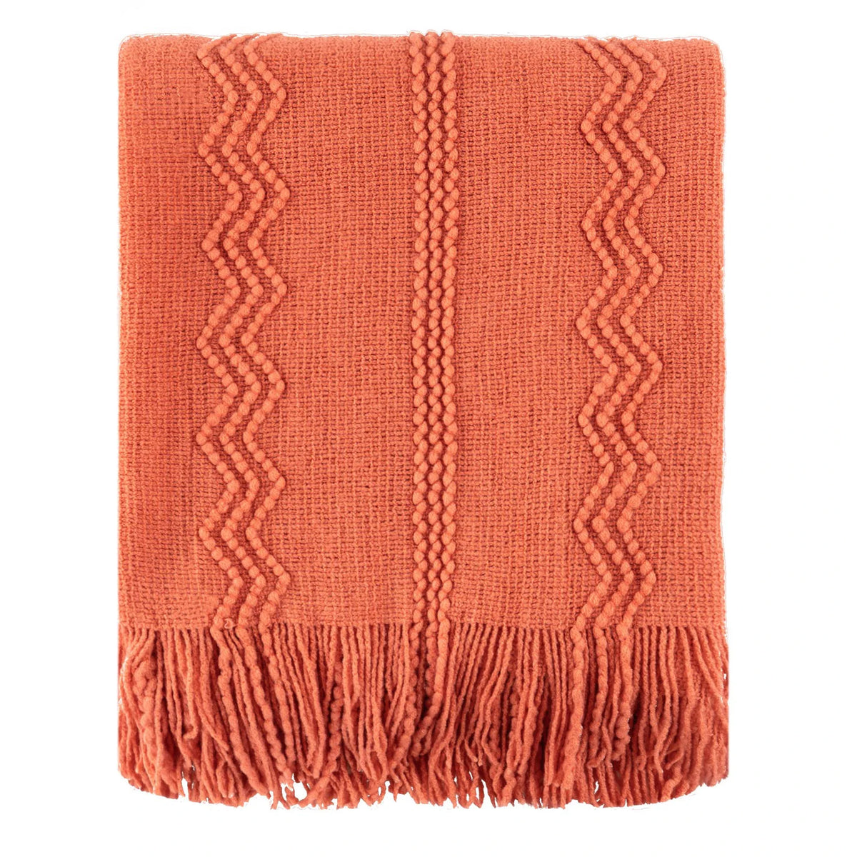 Plaid Orange – Tricoté à Motifs en Relief & Franges - vue 5 | Aolina