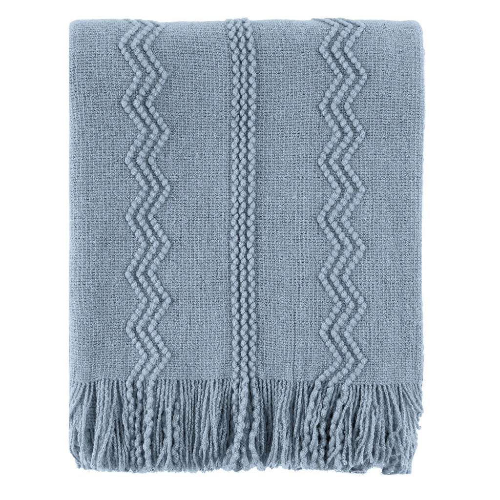Plaid Bleu – Tricoté à Motifs en Relief & Franges - vue 5 | Aolina