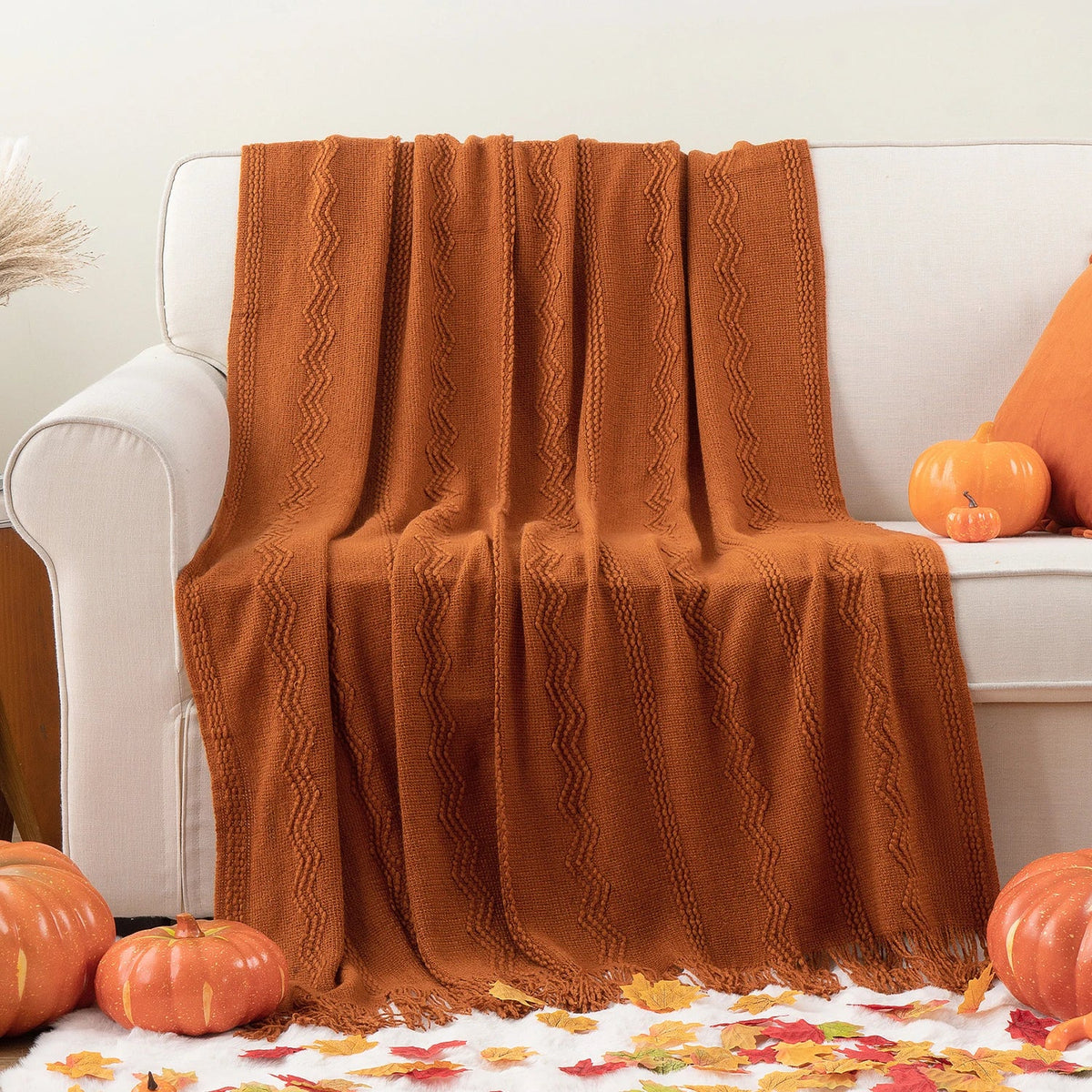 Plaid Terracotta – Tricoté à Motifs en Relief & Franges - vue 1 | Aolina
