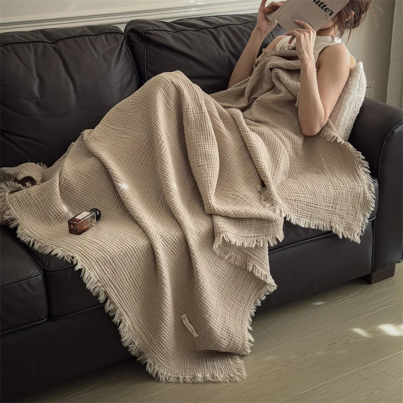 Plaid Taupe – 100 % Coton 4 Épaisseurs à Franges - vue 1 | Aolina