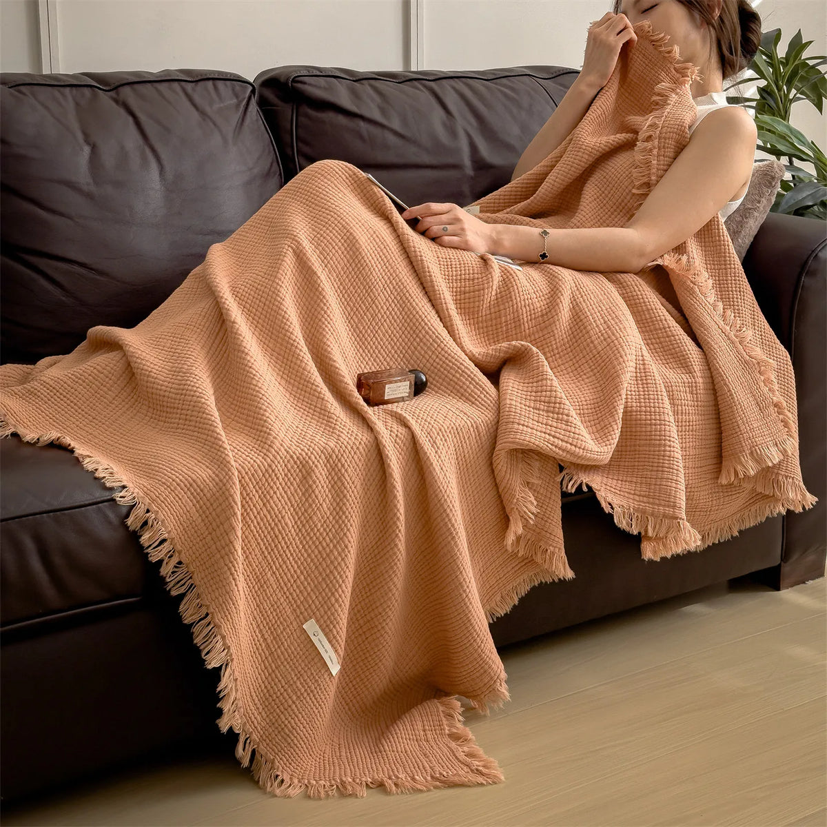 Plaid Orange – 100 % Coton 4 Épaisseurs à Franges - vue 1 | Aolina