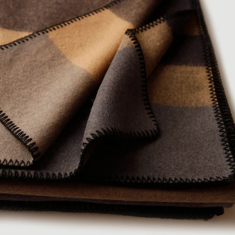 Plaid 100 % Laine à Rayures Camel & Marron - vue 2 | Aolina Image