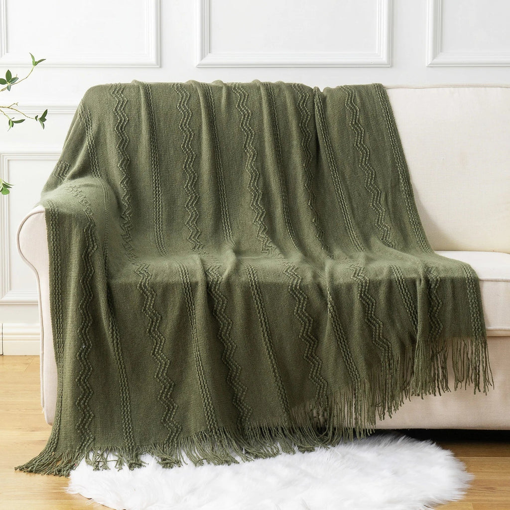 Plaid Vert – Tricoté à Motifs en Relief & Franges - vue 2 | Aolina