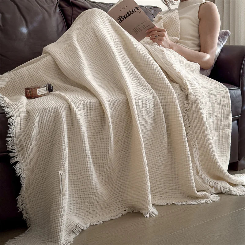 Plaid Beige – 100 % Coton 4 Épaisseurs à Franges - vue 1 | Aolina
