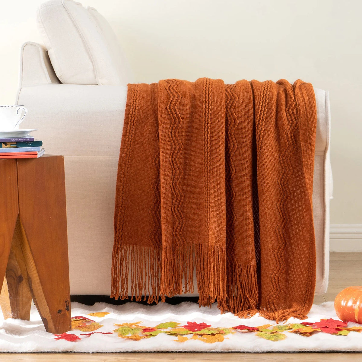 Plaid Terracotta – Tricoté à Motifs en Relief & Franges - vue 3 | Aolina