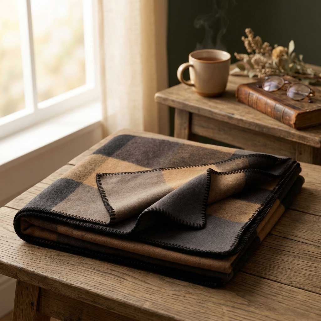 Plaid 100 % Laine à Rayures Camel & Marron - vue 4 | Aolina