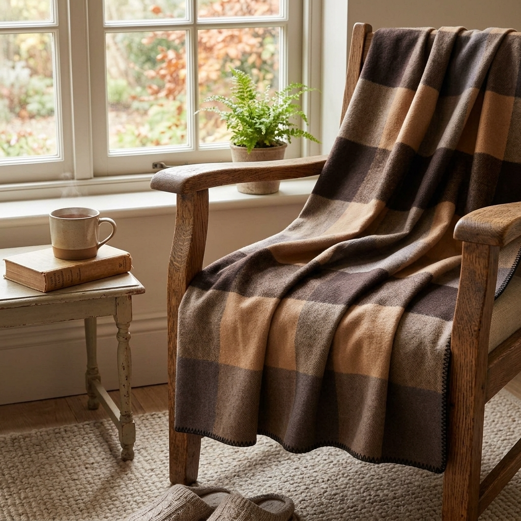 Plaid 100 % Laine à Rayures Camel & Marron - vue 3 | Aolina Image