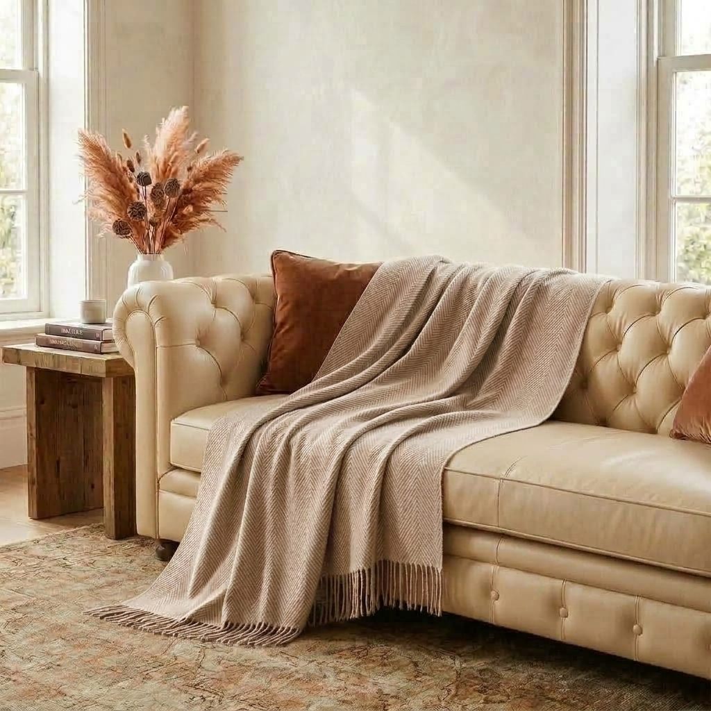 Plaid Beige – 100 % Laine Unie à Franges - vue 1 | Aolina