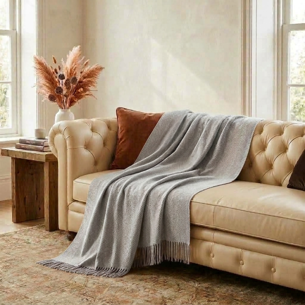 Plaid Gris – 100 % Laine Unie à Franges - vue 1 | Aolina
