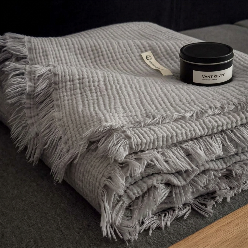 Plaid Gris – 100 % Coton 4 Épaisseurs à Franges - vue 2 | Aolina