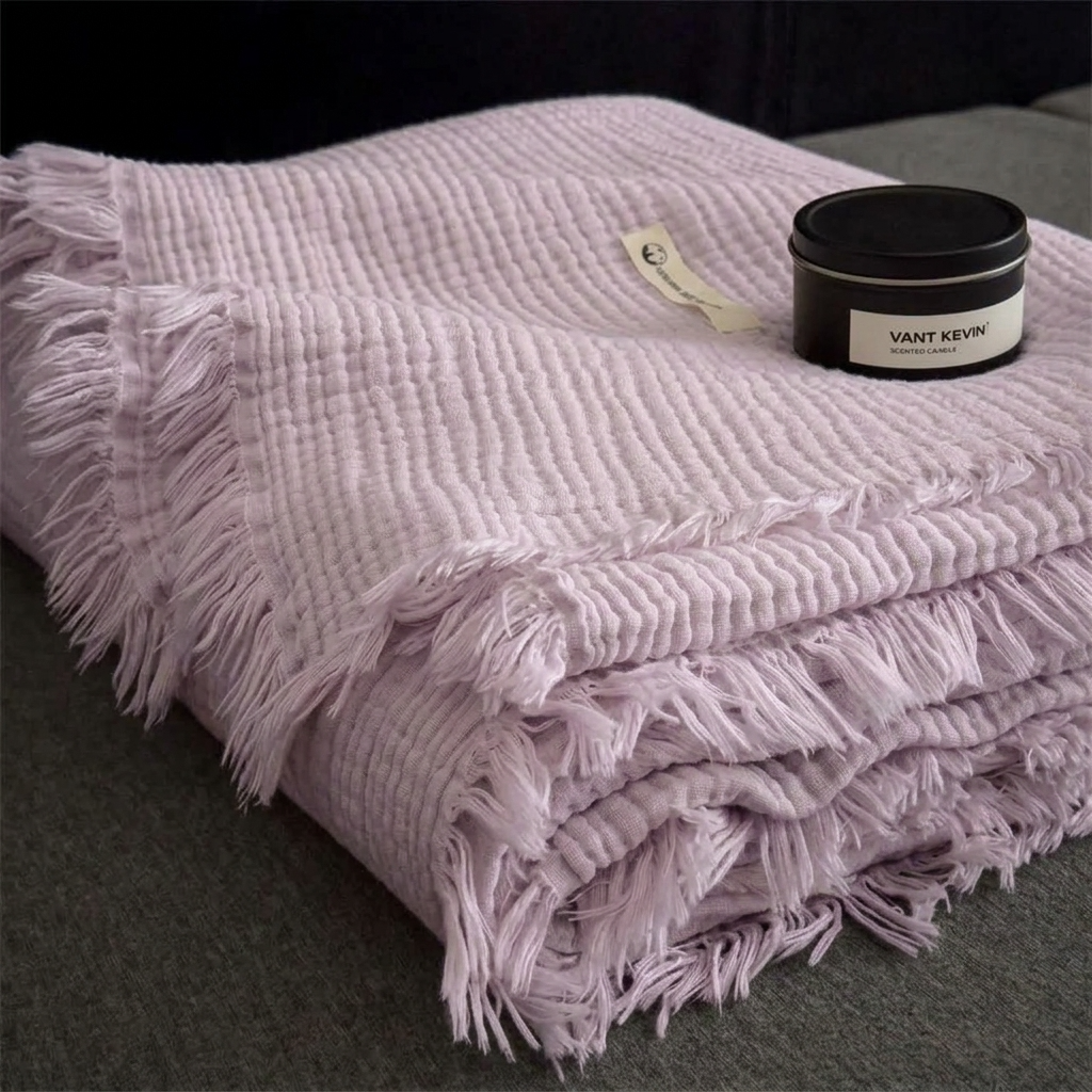 Plaid Violet – 100 % Coton 4 Épaisseurs à Franges - vue 2 | Aolina