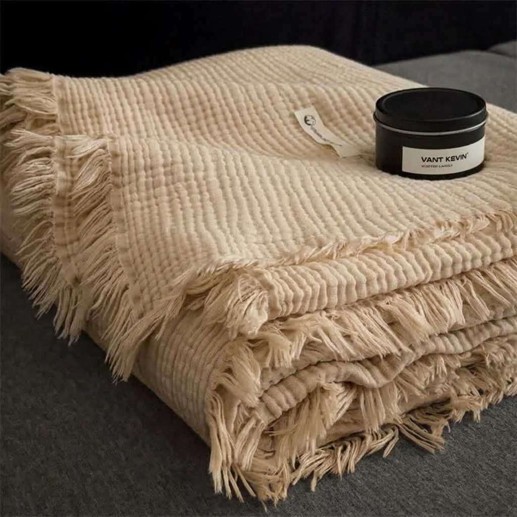 Plaid Taupe – 100 % Coton 4 Épaisseurs à Franges - vue 5 | Aolina