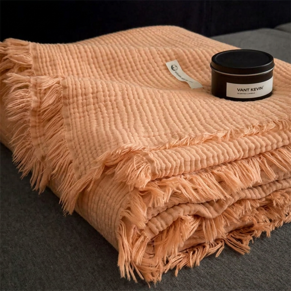 Plaid Orange – 100 % Coton 4 Épaisseurs à Franges - vue 3 | Aolina