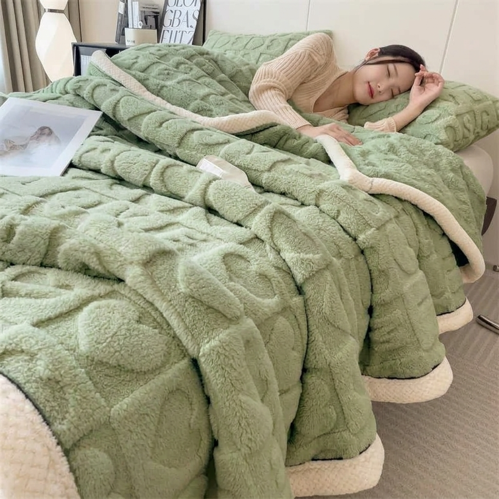 Plaid Vert – Polaire Douce à Motifs Cœur en Relief - vue 3 | Aolina