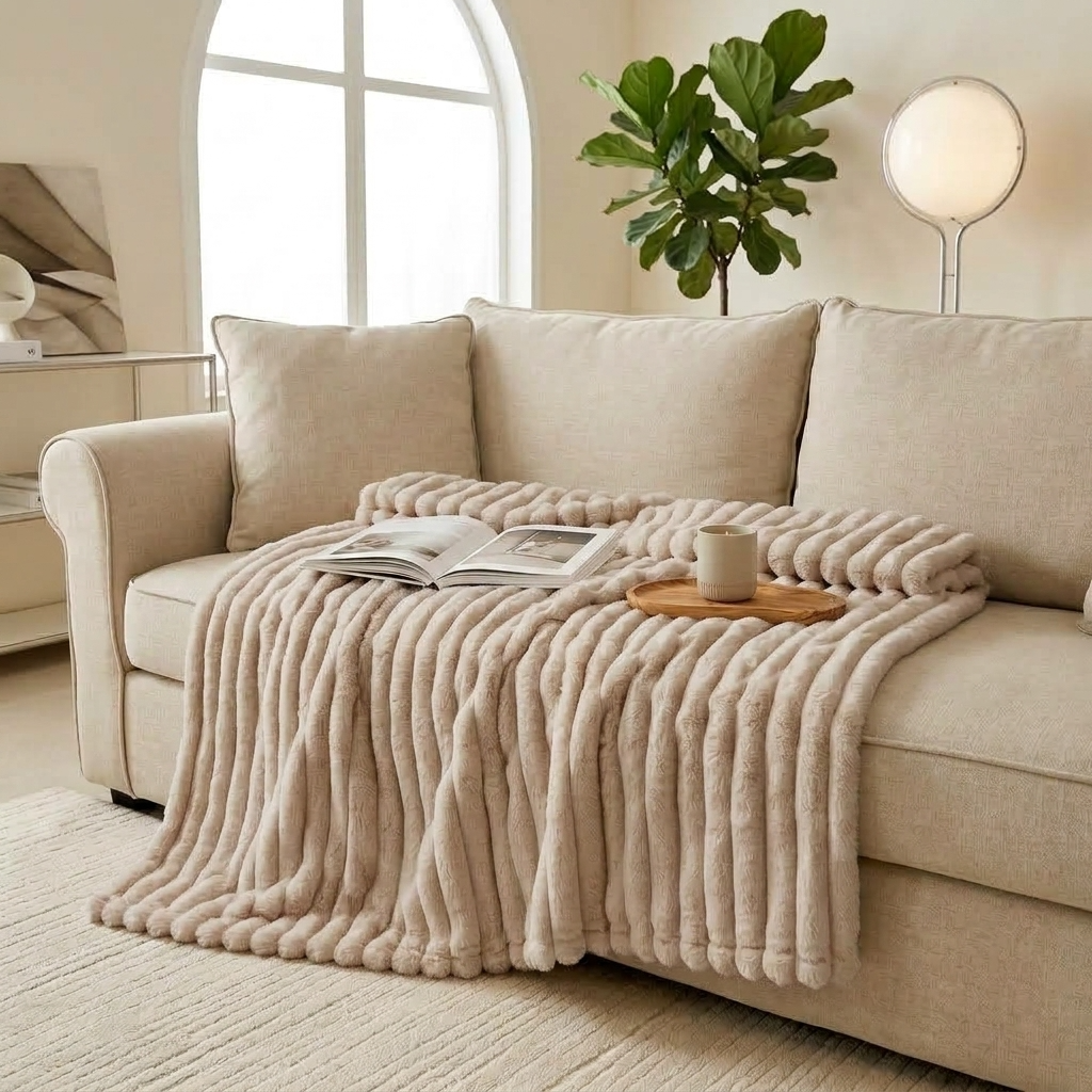 Plaid Taupe – Fausse Fourrure Côtelée Douce et Épaisse - vue 2 | Aolina