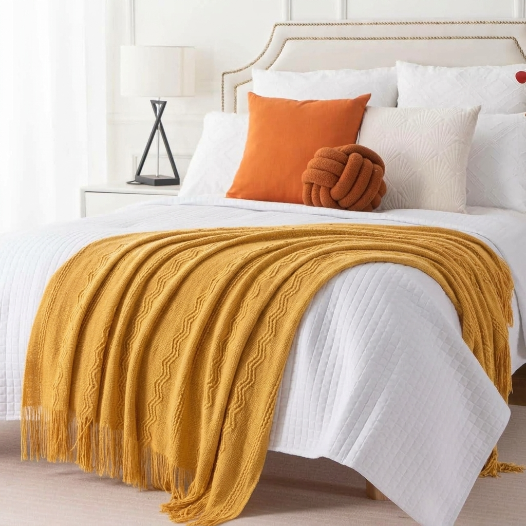 Plaid Jaune – Tricoté à Motifs en Relief & Franges - vue 3 | Aolina