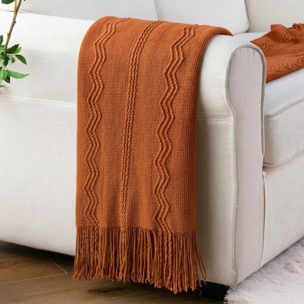 Plaid Terracotta – Tricoté à Motifs en Relief & Franges - vue 4 | Aolina