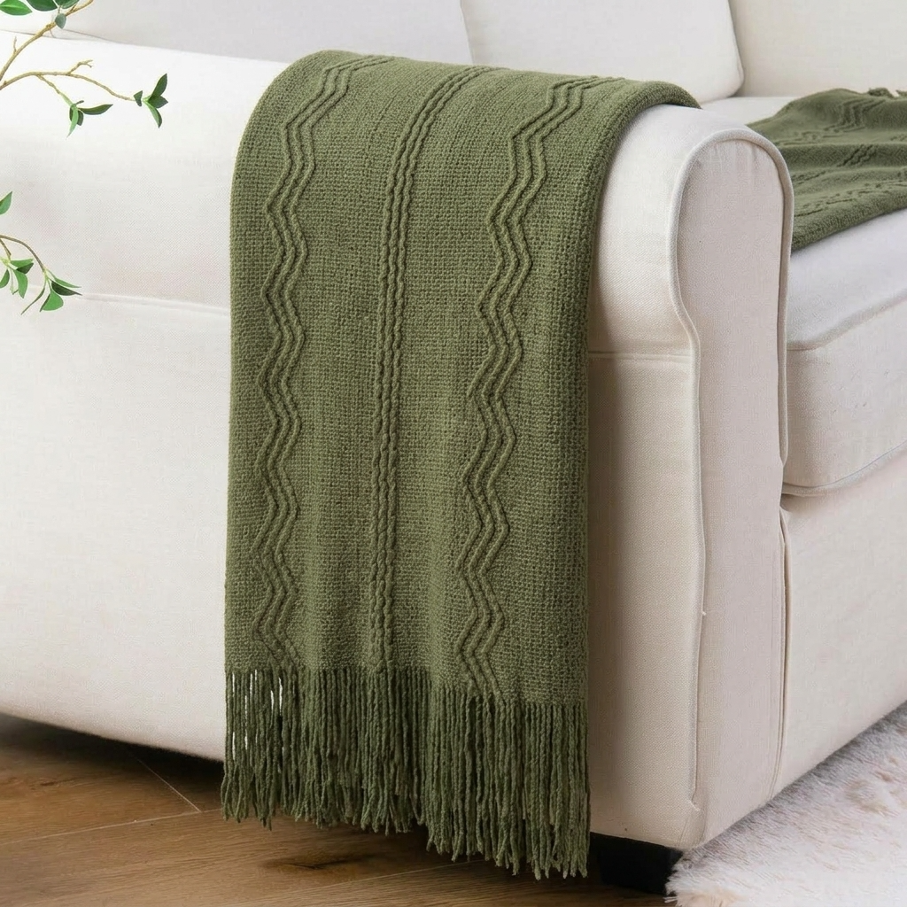 Plaid Vert – Tricoté à Motifs en Relief & Franges - vue 4 | Aolina