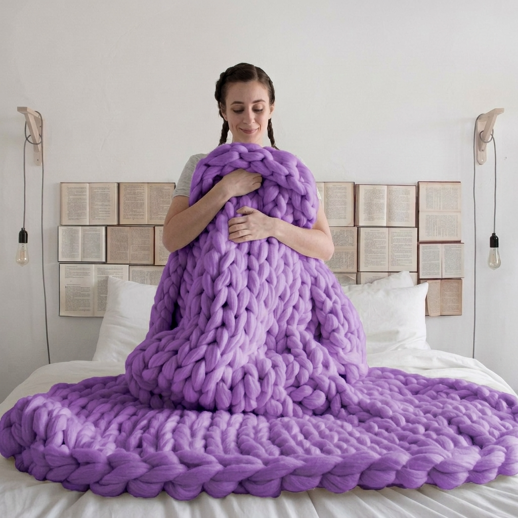 Plaid Violet – 100 % Coton à Grosse Maille - vue 4 | Aolina