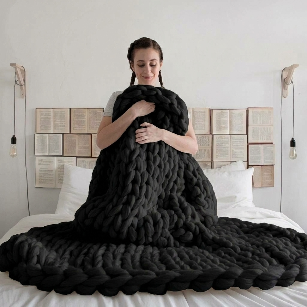 Plaid Noir – 100 % Coton à Grosse Maille - vue 4 | Aolina