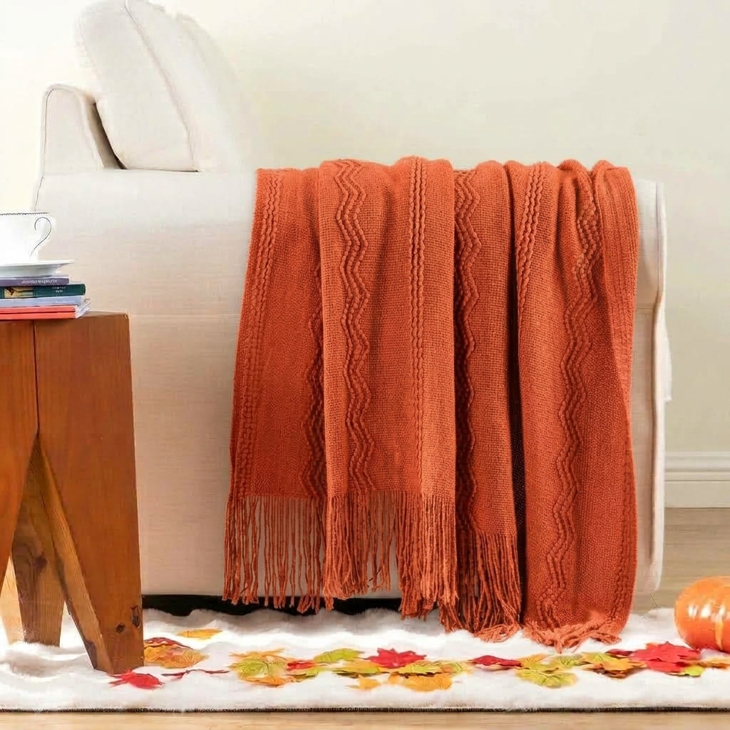 Plaid Orange – Tricoté à Motifs en Relief & Franges - vue 4 | Aolina