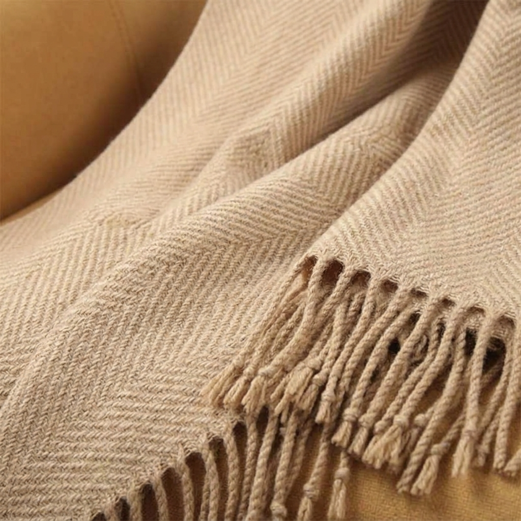 Plaid Camel – 100 % Laine Unie à Franges - vue 2 | Aolina