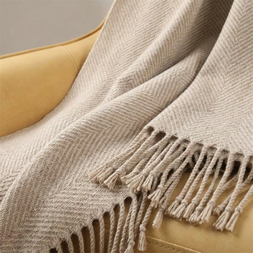 Plaid Beige – 100 % Laine Unie à Franges - vue 5 | Aolina