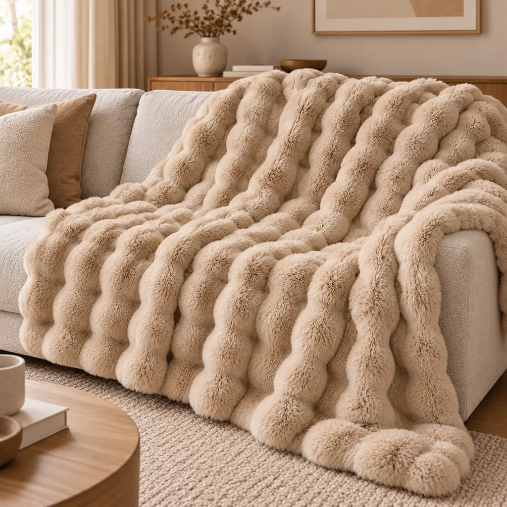 Plaid Cocooning Doux Fausse Fourrure en Relief