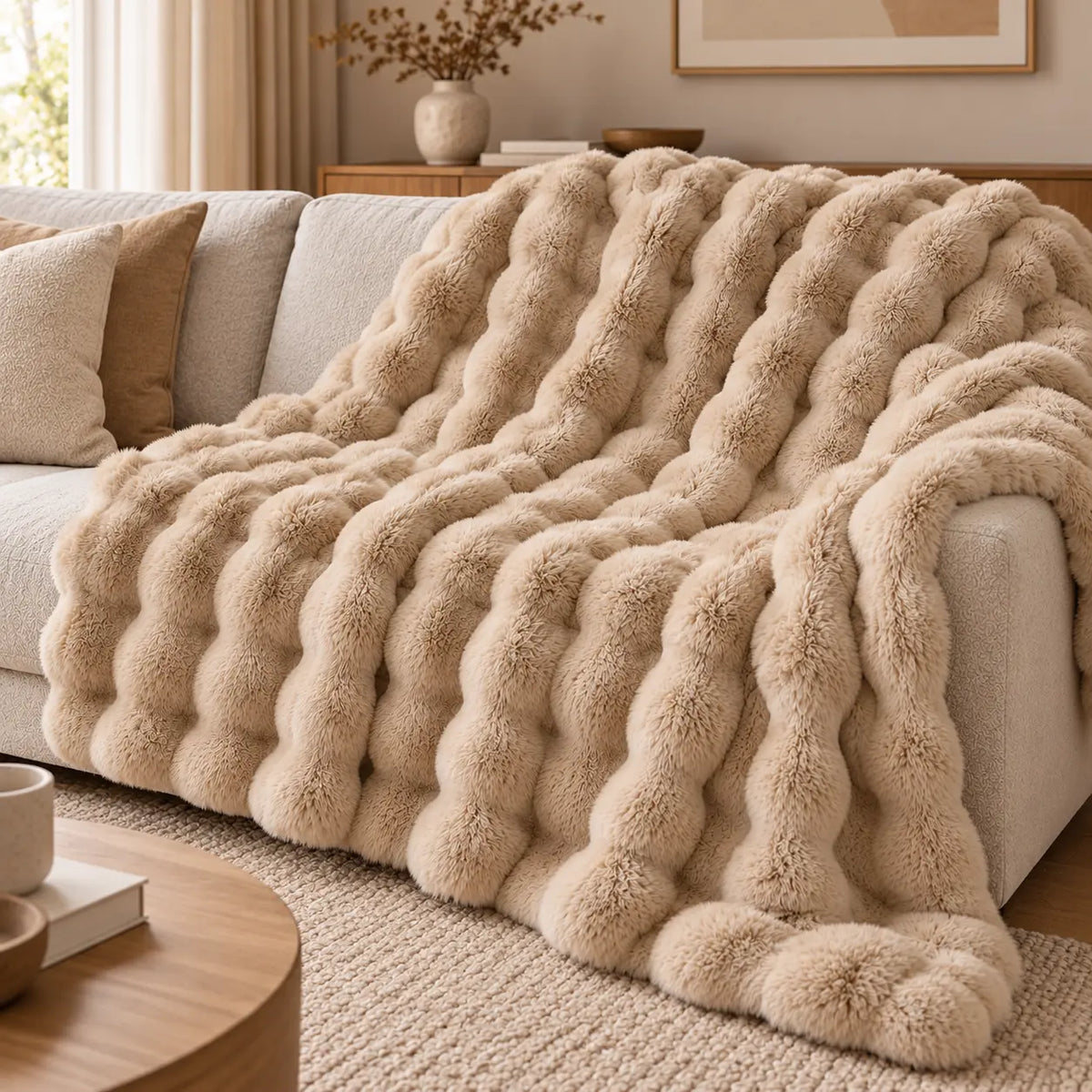 Plaid Cocooning Doux Fausse Fourrure en Relief