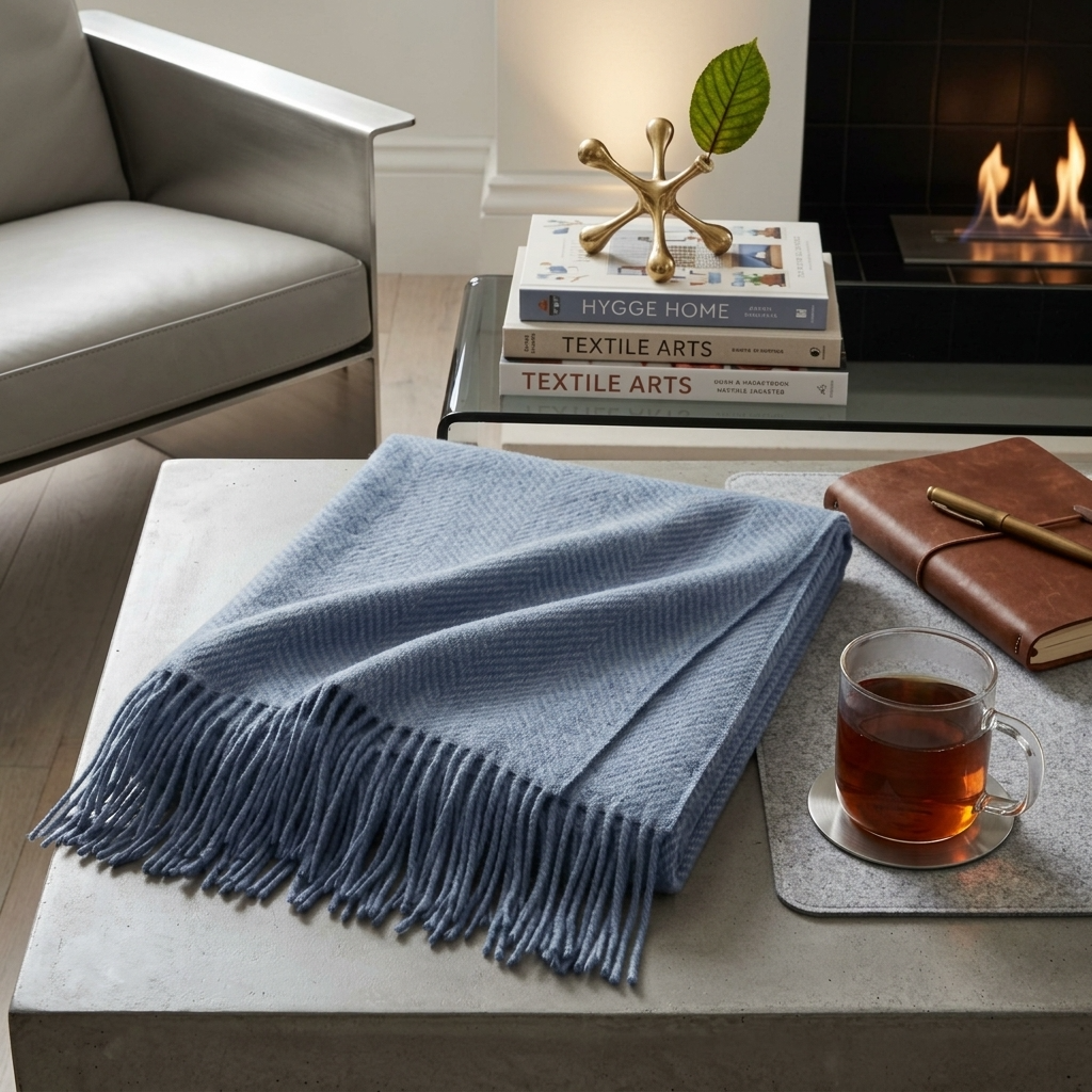 Plaid Bleu – 100 % Laine Unie à Franges - vue 4 | Aolina
