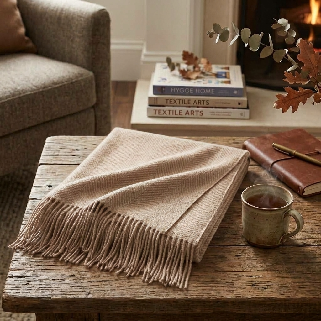 Plaid Beige – 100 % Laine Unie à Franges - vue 2 | Aolina Image