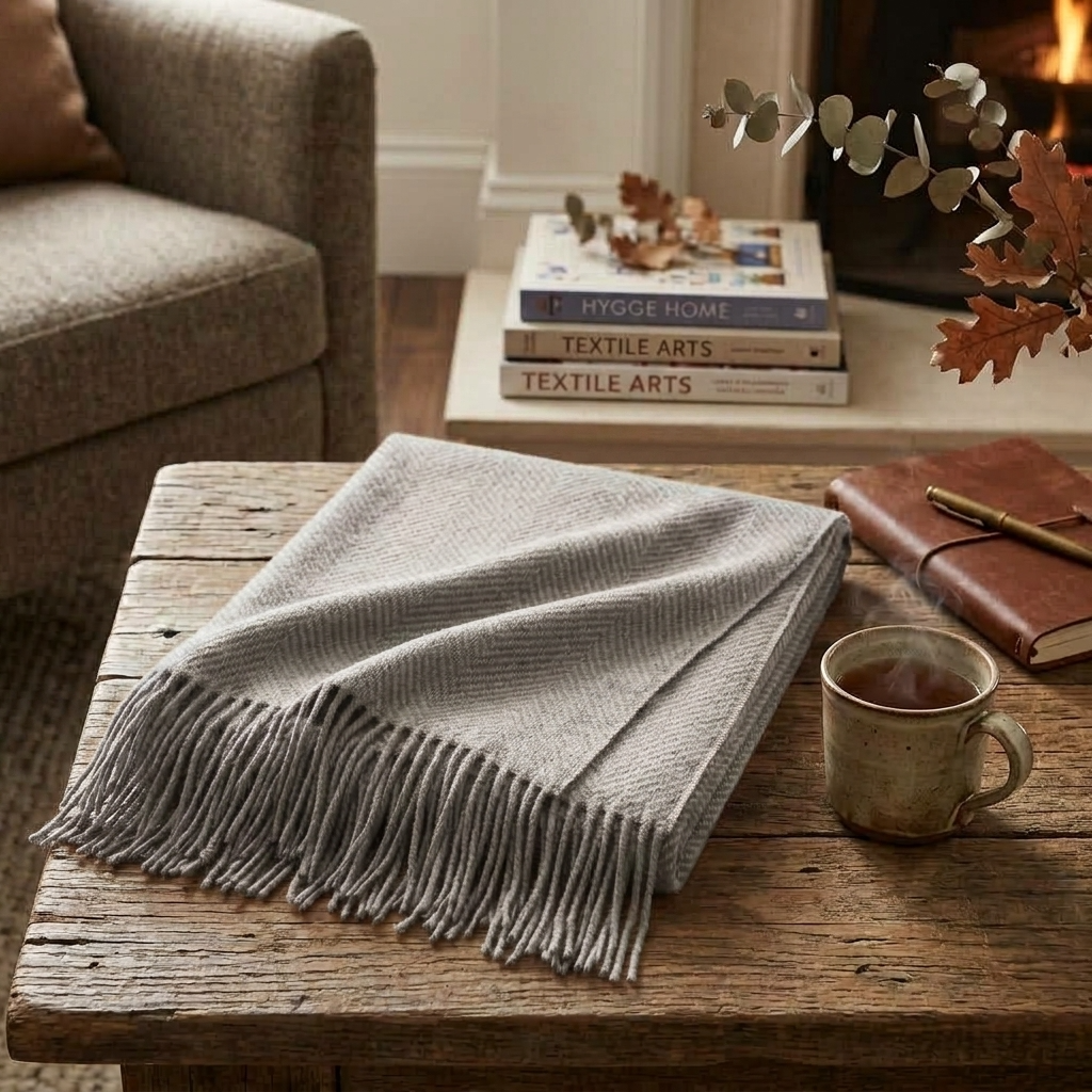 Plaid Gris – 100 % Laine Unie à Franges - vue 4 | Aolina