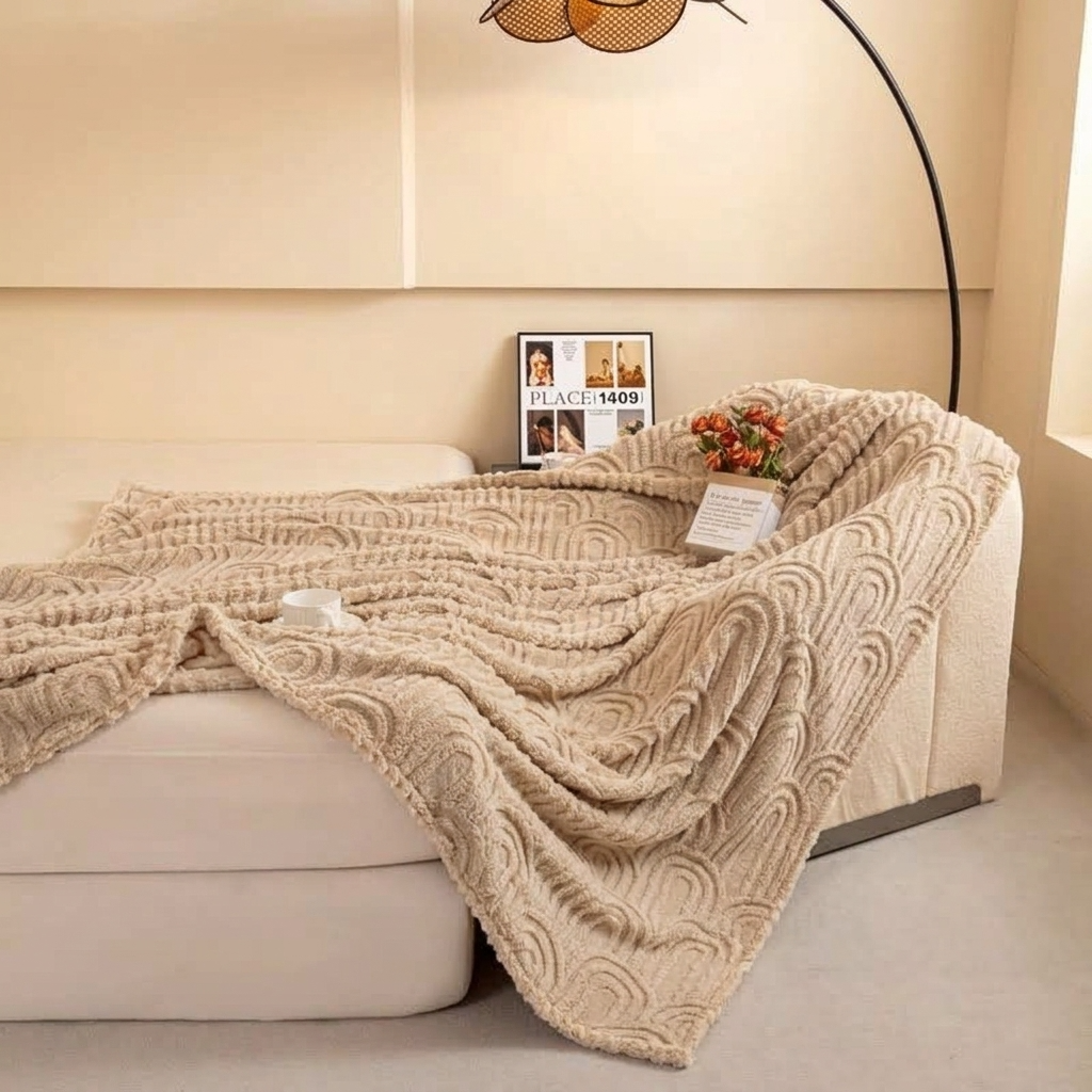 Plaid Beige – Polaire Douce à Motif Jacquard en Relief - vue 3 | Aolina