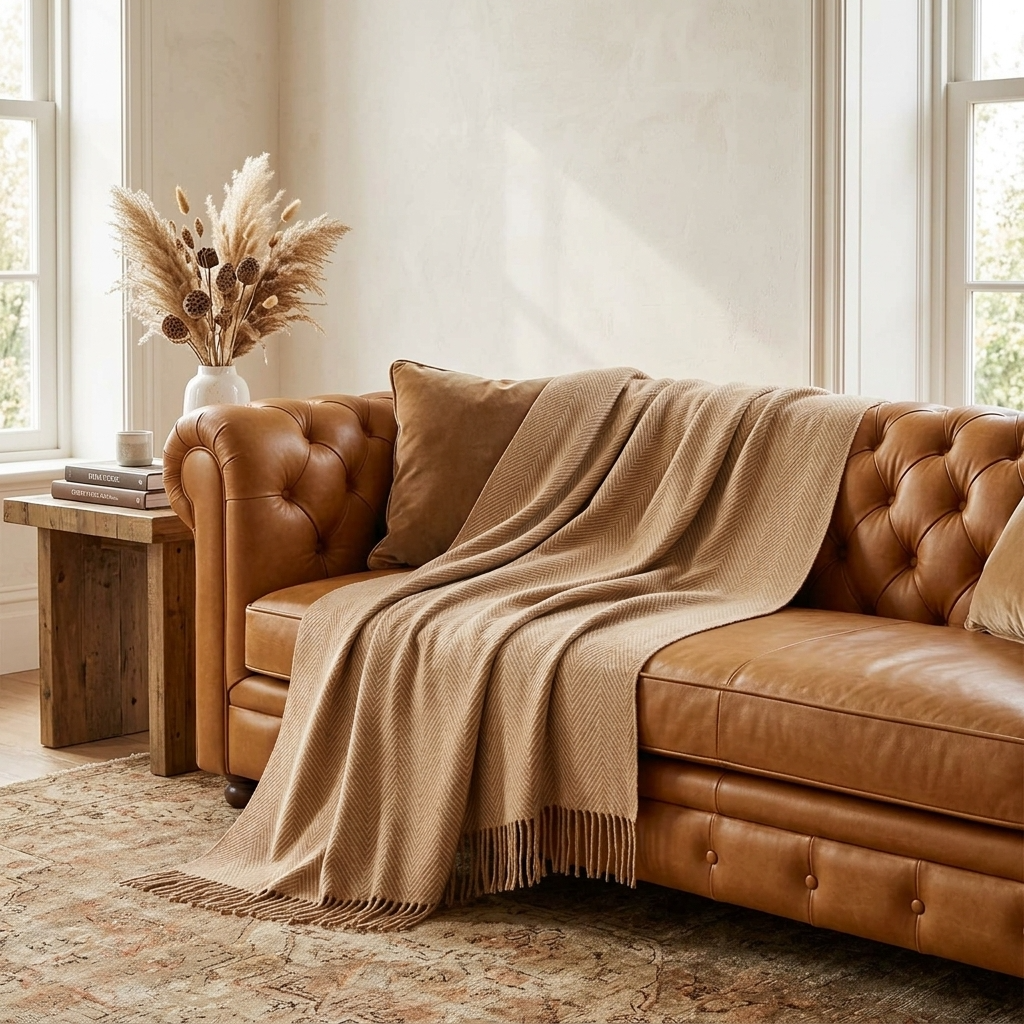 Plaid Camel – 100 % Laine Unie à Franges - vue 1 | Aolina