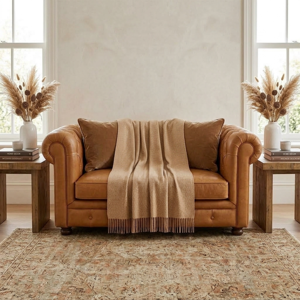 Plaid Camel – 100 % Laine Unie à Franges - vue 3 | Aolina