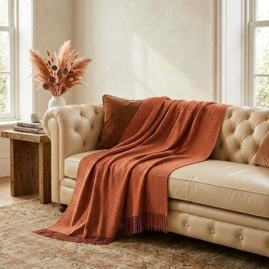 Plaid Terracotta – 100 % Laine Unie à Franges - vue 1 | Aolina