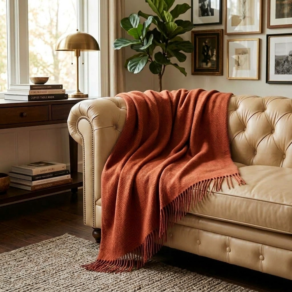 Plaid Terracotta – 100 % Laine Unie à Franges - vue 3 | Aolina