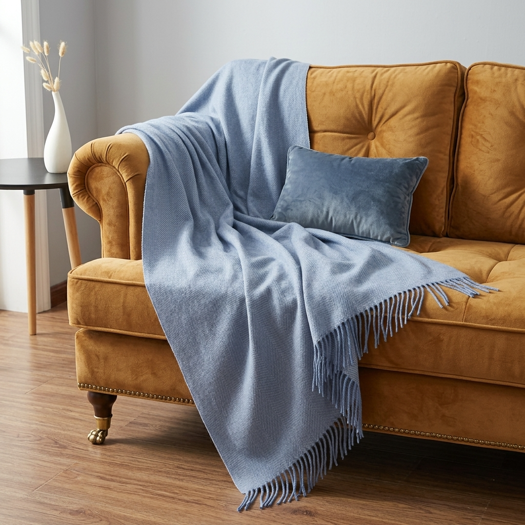 Plaid Bleu – 100 % Laine Unie à Franges - vue 5 | Aolina