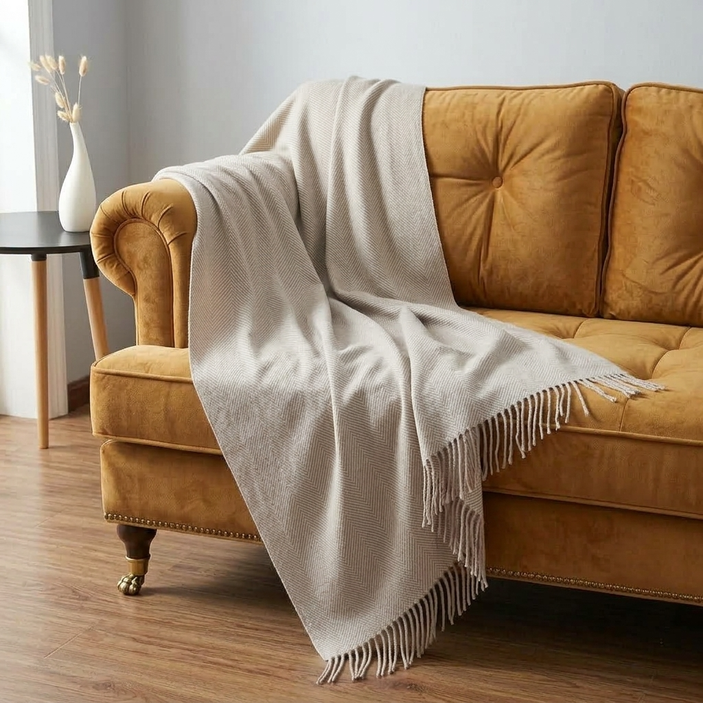 Plaid Beige – 100 % Laine Unie à Franges - vue 4 | Aolina