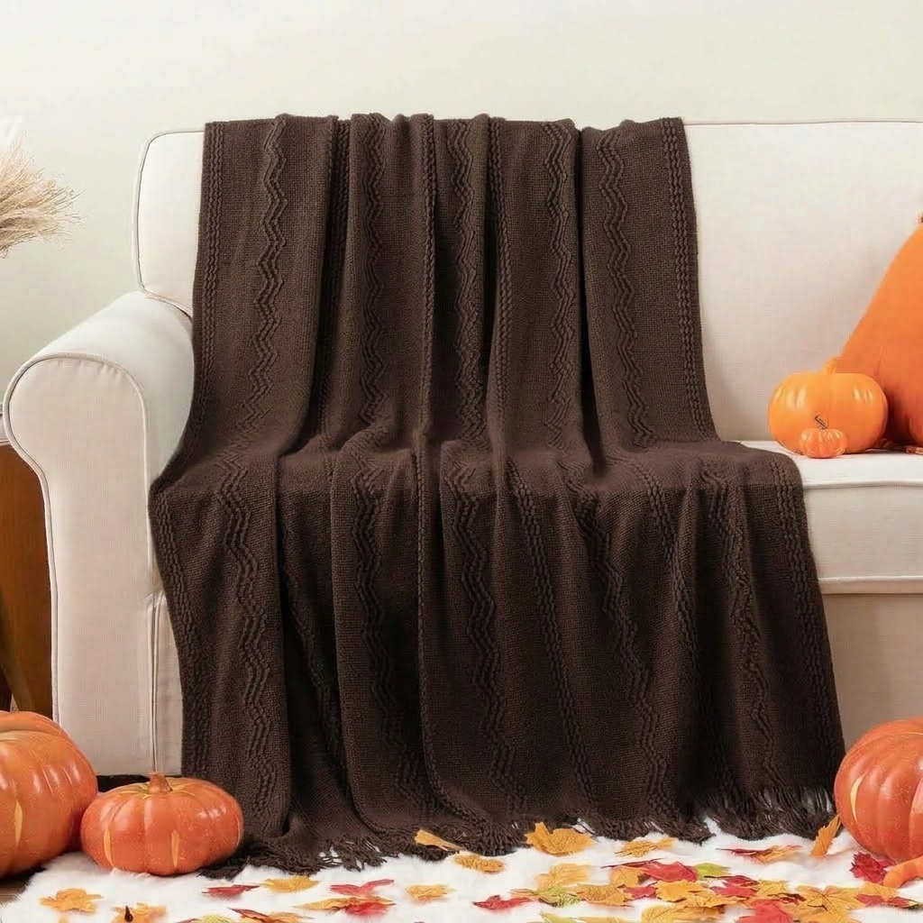 Plaid Marron – Tricoté à Motifs en Relief & Franges - vue 4 | Aolina