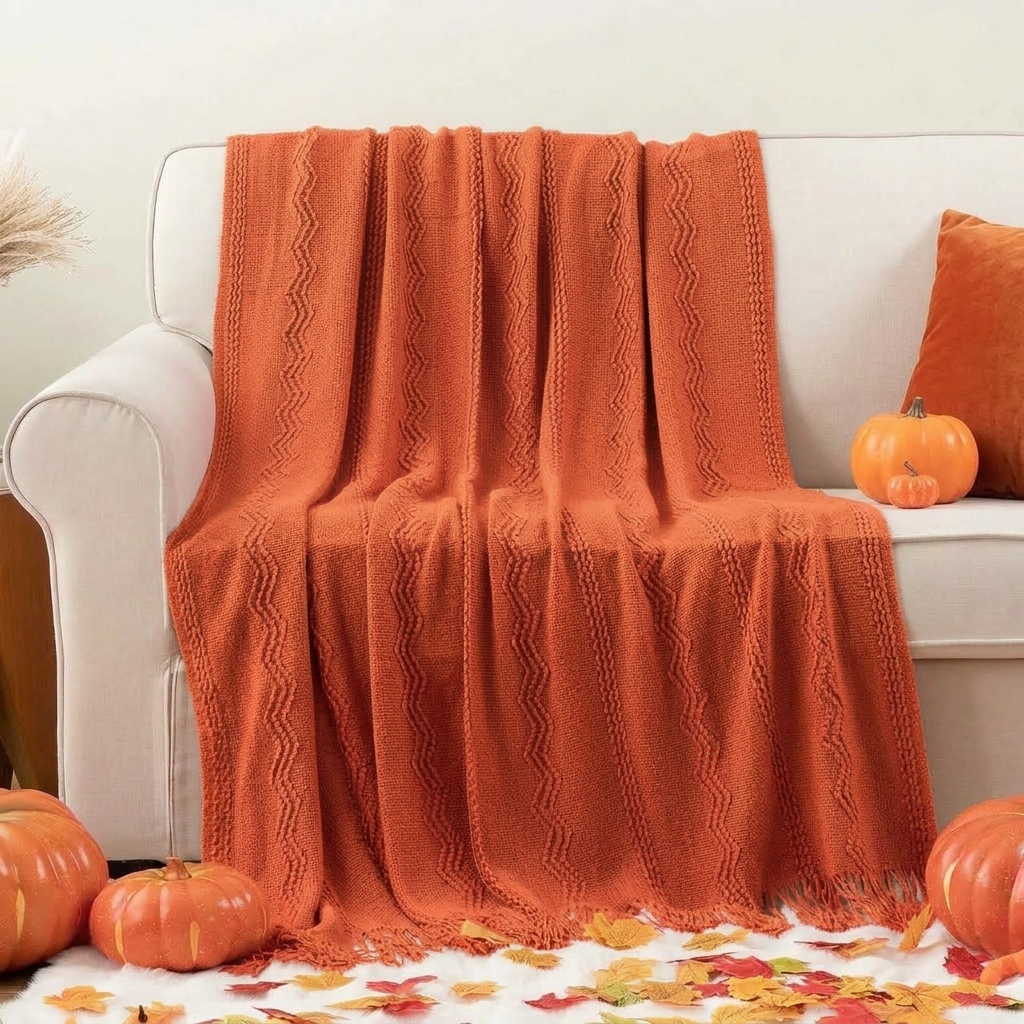 Plaid Orange – Tricoté à Motifs en Relief & Franges - vue 1 | Aolina