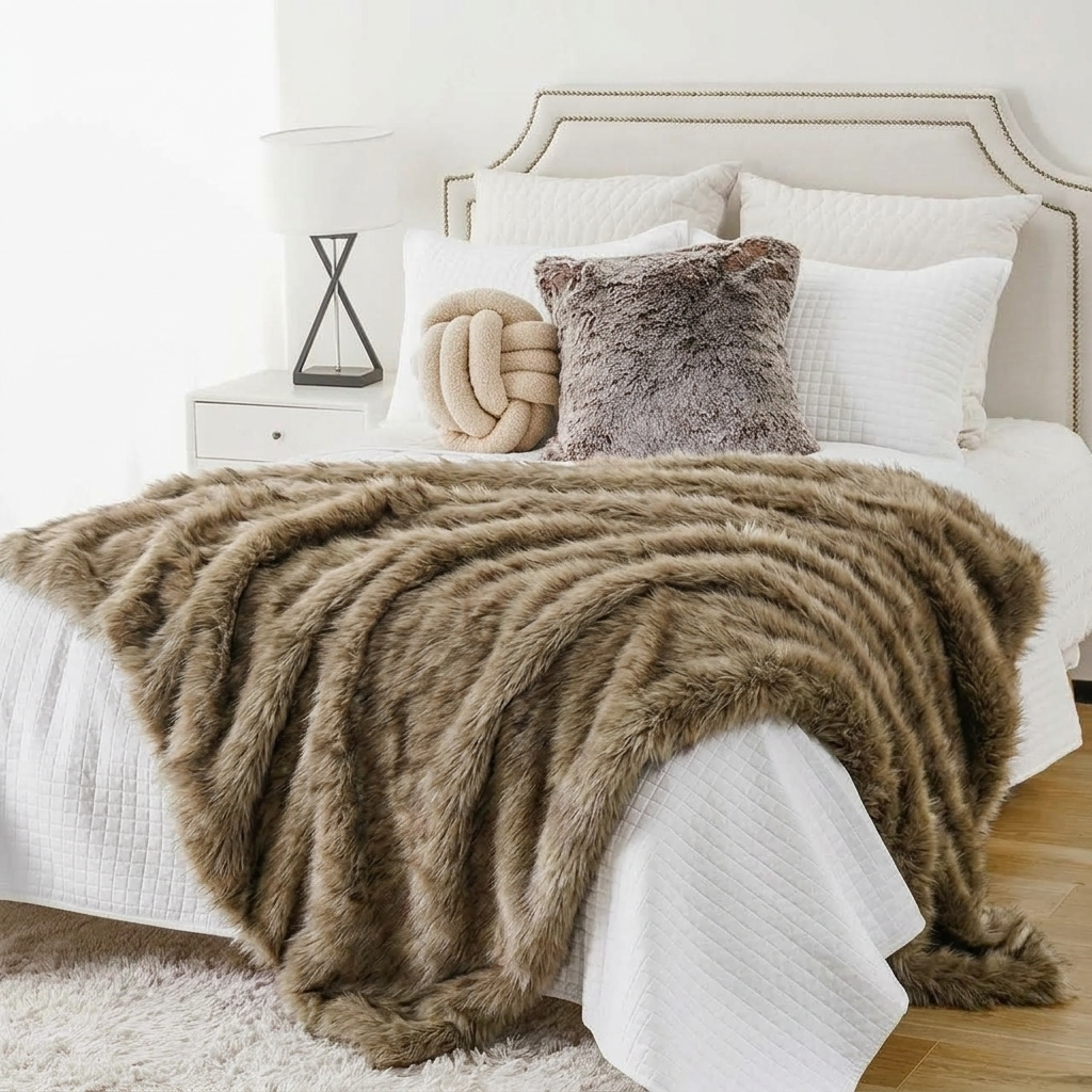 Plaid Taupe – Fausse Fourrure Douce à Poils Longs - vue 2 | Aolina