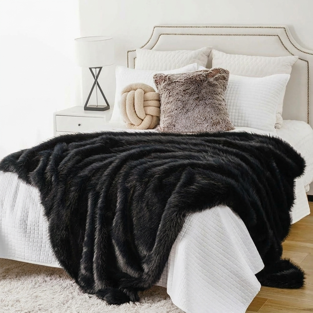 Plaid Noir – Fausse Fourrure Douce à Poils Longs - vue 3 | Aolina