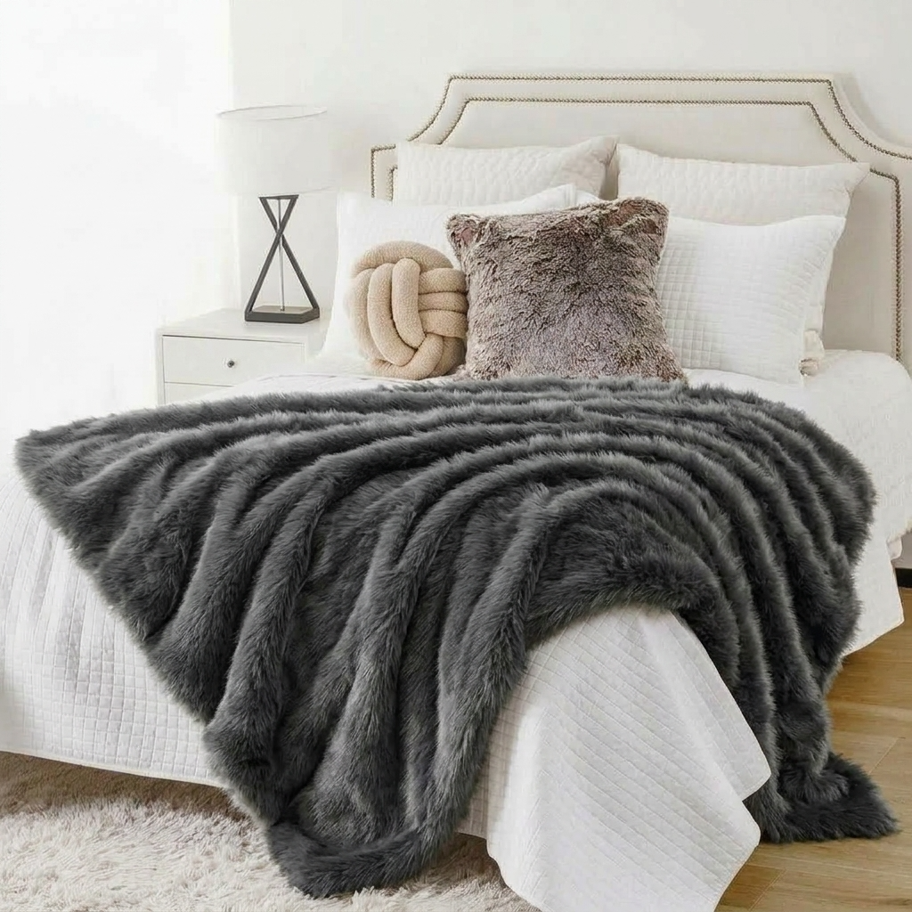Plaid Gris – Fausse Fourrure Douce à Poils Longs - vue 5 | Aolina